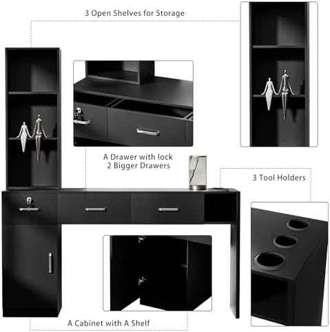 Barber Salon Station for Hair Stylist, Salon Wall Mount Station with Barber Cabinet and Barber Desk, Hair Salon Stations Equipment with Holders, Drawers, Beauty Station Without Mirror (Black)