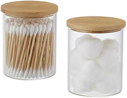 INIUNIK Glass Qtip Holder with Vanity Tray, Apothecary Jars Bathroom Accessories Bathroom Canisters Organizer Countertop Q Tip Holder for Cotton Ball Round Swab Pad Hair Ties Floss Perfume Jewelry