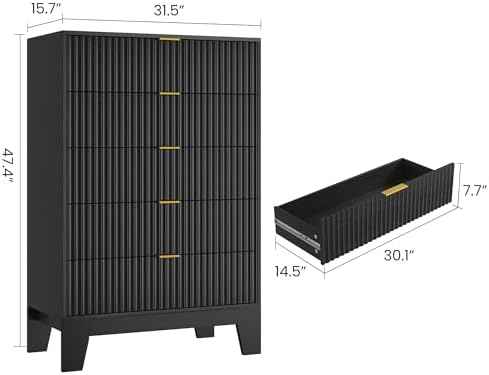 5 Drawer Dresser for Bedroom, 47" Tall Fluted Chest of Drawers, Black