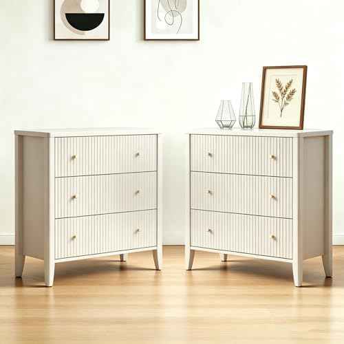 Large Nightstand,34”Wide Fluted Painted Bedside Table with 3 Drawer Dresser,Large End Tables with Storage, Metal Handle & Rounded Corners for Bedroom,Alabaster White