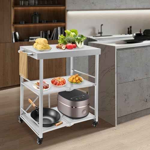 3 Tiers Folding Stainless Steel Utility Service Cart with Wheels-Heavy Duty 660LBS Outdoor Stainless Grill Cart, Kitchen Utility Carts and Service Trolley Carts for Transporting Restaurant Supplies