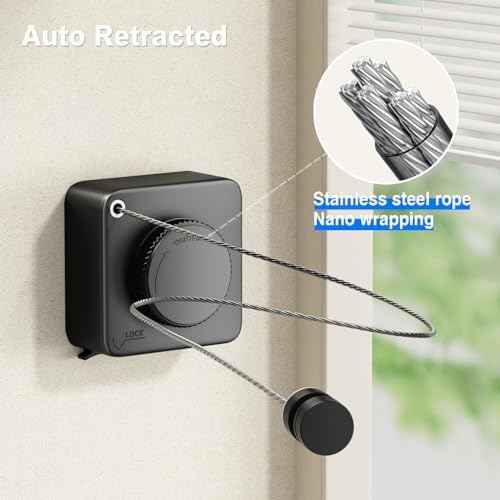 MUSTORN Retractable Clothesline Indoor, Non-Sagging Outdoor Clothes Line Retracting Heavy Duty Clothes Drying Laundry Line Wall Mounted Stainless Steel Line-13.8 Feets(Black)