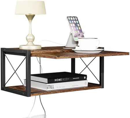 2-Tier Floating Nightstand, Wall Mounted Bedside Table, Wood Bedside Shelf Wall Mounted Nightstand, Floating Bedside Table Wall Shelf for Bedroom, Living Room, Kitchen, Office, Rustic Brown