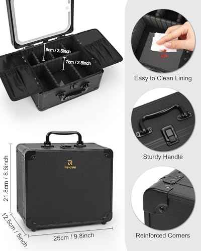 Relavel Makeup Bag with LED Mirror, Makeup Box Travel Train Case with Rechargeable Lighted Mirror & Adjustable Dividers, Cosmetic Brush Organizer Storage for Makeup Artists Gifts for Women and Girls