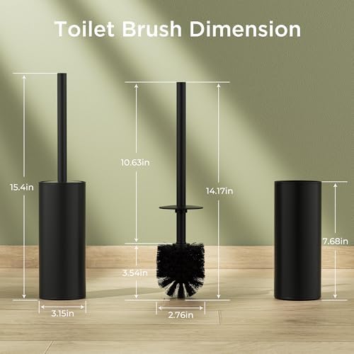 Toilet Brush and Holder Set, Toilet Bowl Brush with Heavy Duty 304 Stainless Steel Base and Extra Long Handle, Toilet Bowl Cleaners Brush for Bathroom (Matte Black)