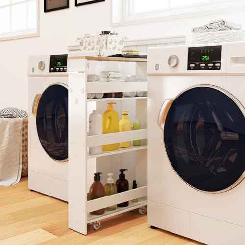Slim Rolling Storage Cart, 4 Tier Narrow Kitchen Cart with Wheels, Between Washer and Dryer Cart, Wood Shelving Unit Organizer w/Handle for Small Spaces (White & Natural, 5-Inch)