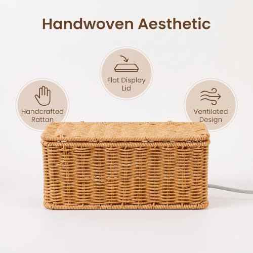 Cable Management Box Handwoven Faux Rattan Cord Basket with Lid (Rectangle)