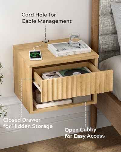 EYYTHUNG Small Floating Nightstand Set of 2, Modern Fluted Night Stand with Drawer and Open Storage Shelf Wall Mounted Bedside Tables Natural Oak