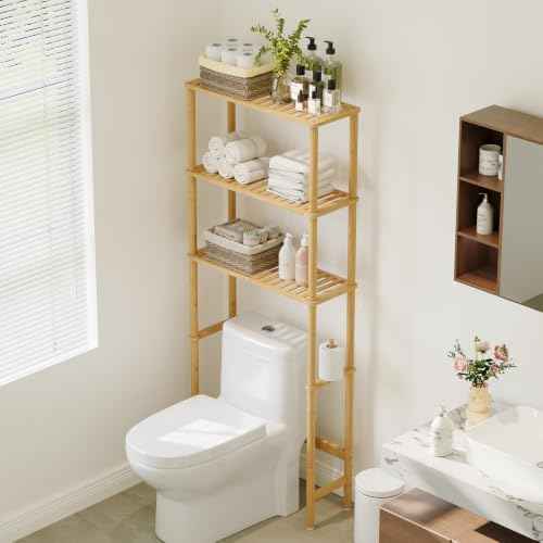 Over The Toilet Storage,3-Tier Bamboo Bathroom Shelf with Paper Holder