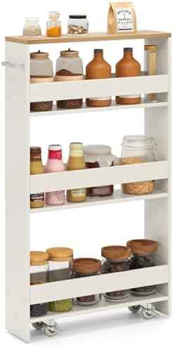 Slim Rolling Storage Cart, 4 Tier Narrow Kitchen Cart with Wheels, Between Washer and Dryer Cart, Wood Shelving Unit Organizer w/Handle for Small Spaces (White & Natural, 5-Inch)