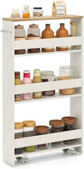 Slim Rolling Storage Cart, 4 Tier Narrow Kitchen Cart with Wheels, Between Washer and Dryer Cart, Wood Shelving Unit Organizer w/Handle for Small Spaces (White & Natural, 5-Inch)