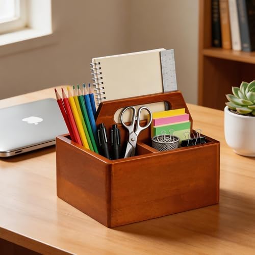 DAWASAPAT Acacia Wood Remote Control Holder with Handle, Desk Organizer with 3 Compartments, Wood TV Stand Decor, Easy Storage TV Remote Holder for Living Room, Bedside Caddy, Office Supplies