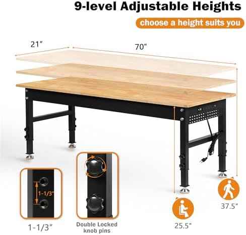 Betterhood 70" Adjustable Height Workbench, 2000 LBS Heavy Duty Work Table with Power Outlets & Pegboard, Rubber Wood Workstation for Garage, Workshop, Office, Home, Commercial