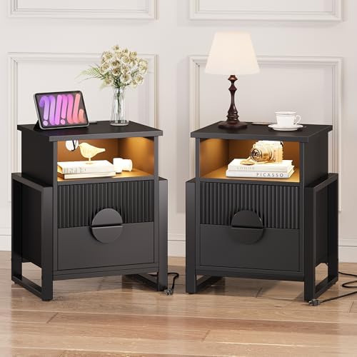 HolliWill Fluted Nightstand Set of 2 with Charging Station and LED Lights, 20" Night Stand with 2 Drawers, Large Bed Side Table with Raising Legs and Curved Profile Design for Bedroom, Black