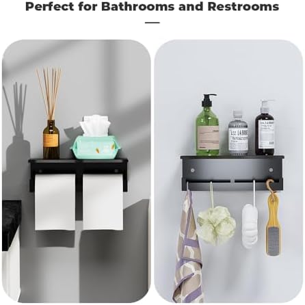 Double Toilet Paper Holder with Shelf, FreshGlow Tissue Holder Matte Black, Wall Mount Commercial Toilet Paper Dispenser Phone Shelf Stainless Steel, Tissue Roll for Bathroom
