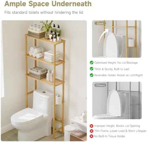 Over The Toilet Storage,3-Tier Bamboo Bathroom Shelf with Paper Holder