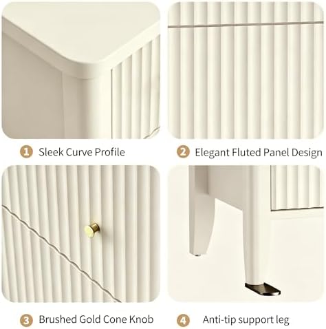 Large Nightstand,34”Wide Fluted Painted Bedside Table with 3 Drawer Dresser,Large End Tables with Storage, Metal Handle & Rounded Corners for Bedroom,Alabaster White