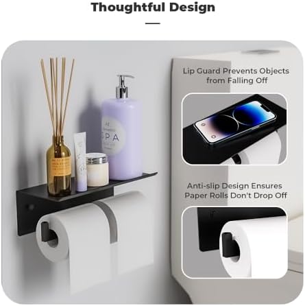Double Toilet Paper Holder with Shelf, FreshGlow Tissue Holder Matte Black, Wall Mount Commercial Toilet Paper Dispenser Phone Shelf Stainless Steel, Tissue Roll for Bathroom