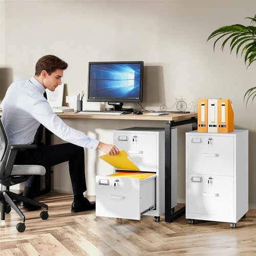 SISESOL 2 Drawer File Cabinet with Lock and Wheels,White Rolling File Cabinets,Locking Mobile Metal Filing Cabinet for Home Office,Under Desk,Fit A4/Letter/Legal File, Easy Assembly