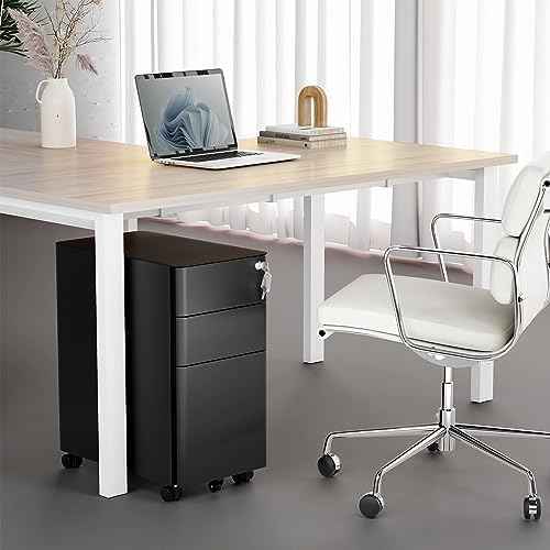 Mount-It! Slim 3 Drawer Rolling File Cabinet with Lock, Mobile Metal Filing Cabinet on Wheels for Under Desk Home & Office Storage, Letter Legal A4, Black