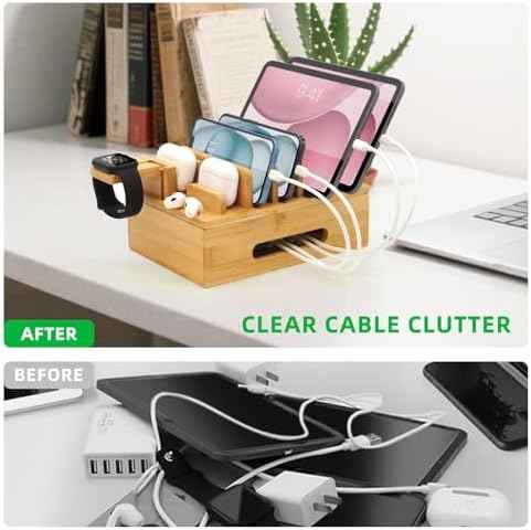 Bamboo Charging Station with Watch Stand, Desktop Charging Station Organizer, Wood Docking Station for Phones, Tablets, Watch, Earbuds (No Power Supply)