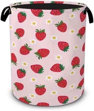 Strawberry Daisy Flower Laundry Hamper,Collapsible Laundry Baskets, Dirty Clothes Baskets with Handles,Oxford Cloth Hamper for Bedroom,Bathroom,Laundry Room,College Dorms,16"x20"