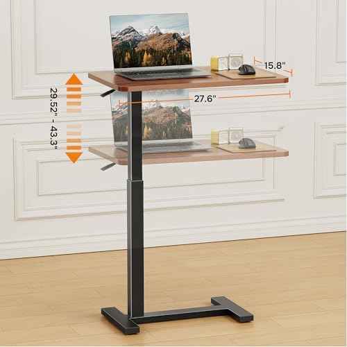 Simple Deluxe Adjustable Overbed Bedside Table with Wheels, Pneumatic Adjustable Hospital & Home Use Bed Table, Rolling Laptop Table, Mobile Standing Desk, Brown