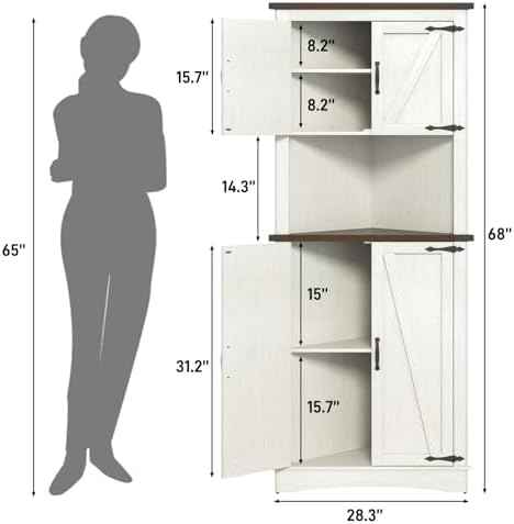 Hlivelood 68" Tall Farmhouse Corner Cabinet, 5-Tier Large Storage Cabinet with 4 Barn Doors & Adjustable Shelves, Bathroom Cabinets with Storage for Living Room, Kitchen, Bathroom, Rustic White