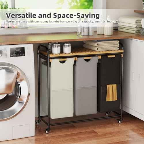 BambooHomie Laundry Hampers 3 Section, Laundry Sorter with Removable Shelf and Pull-Out Bags, Rolling Cart Clothes Hampers Basket with Wheels for Laundry Room Bathroom, 3 x 45 L (Black Beige Gray)