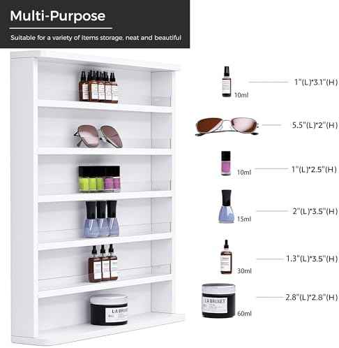 Kikihouse Wood Nail Polish Rack, Wall Mount Nail Polish Organizer, 6 Layers Nail Salon Storage Display Shelves Perfume Bottles Essential Oil Holder w/Acrylic Baffle, White