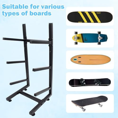 Steel Skateboard Rack Floor Stand, 3-Layer Skateboard Holder,Snowboard Storage Rack, Skateboard Holder Floor for Deck,Longboard,Snowboard, Standard Skateboards, Mini Cruiser Skateboard