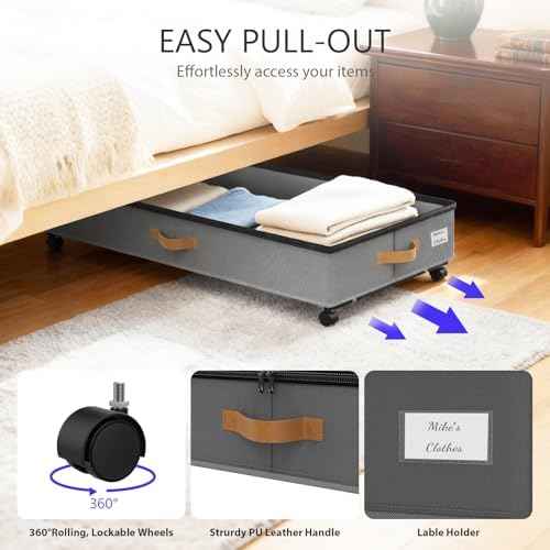 Under Bed Storage with Wheels 2-Pack, 75L XXL Under the Bed Storage Containers Large, 12" Tall Adjustable Storage for Underbed with Lids, Rolling for Clothes, Shoes, Blankets (Grey)