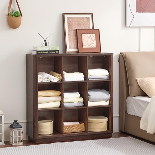 Joaxswe 9 Cube Bookshelf, 40.5" Wide Organizer Bookcase with Curved Edge, Wood Floor Standing 3-Tier Cubby Book Shelf with Base, Vintage Display Storage Cabinet for Living Room, Home Office, Walnut
