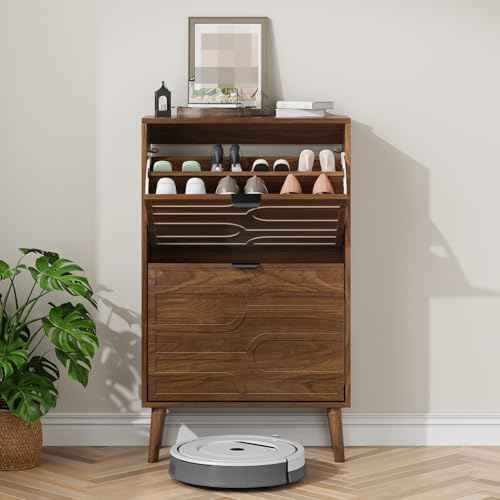 Shoe Cabinet Storage for Entryway with 2 Flip Drawers, Narrow Shoe Cabinet for Entryway, Hidden Slim Shoe Organizer Rack Cabinet (Brown, 23.6" W)