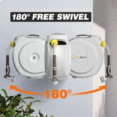 Retractable Garden Hose Reel, 5/8 in 100+6 ft, Heavy Duty Wall Mounted Water Hose Reel, Spring Power Automatic Rewind, Any Length Lock, 180° Swivel Bracket, 10 Pattern Spray Nozzle