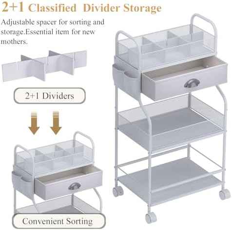 Baby Diaper Caddy Cart Organizer -3 Tier, Bedside Nursery Essentials Organizer & Storage Holder for Newborn Baby Stuff, 2+1 Dividers, 1 Drawer,Rolling Utility Cart for Bedroom,Changing Table, Crib.