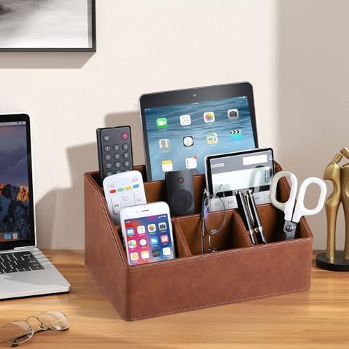 PU Leather Desk Organizer, Remote Control Holder, Brown