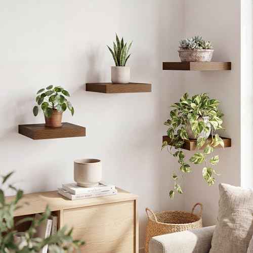 RICHFOCUS 8Inch Square Floating Shelves for Wall 4Pack|Walnut