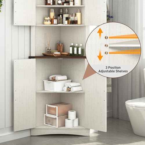 Hlivelood 68" Tall Farmhouse Corner Cabinet, 5-Tier Large Storage Cabinet with 4 Barn Doors & Adjustable Shelves, Bathroom Cabinets with Storage for Living Room, Kitchen, Bathroom, Rustic White