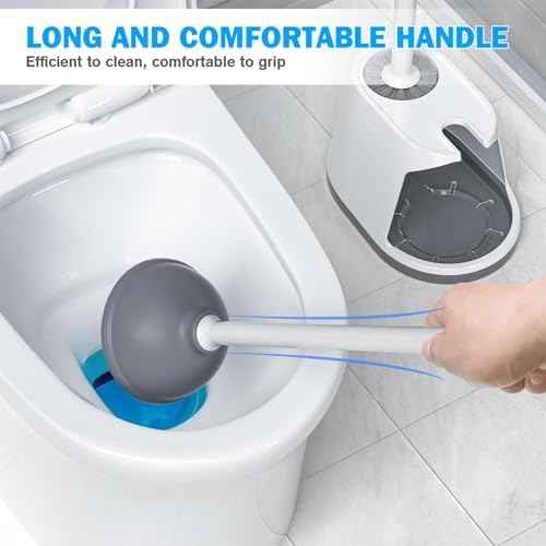 Toilet Plunger and Brush Set, Bowl Brush and Heavy Duty Toilet Plunger with Ventilated Holder, 2-in-1 Toilet Brush and Plunger Combo for 5.3-inch Toilet Drain Bathroom Deeply Cleaning(White & Grey)