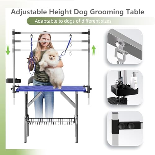 VFK 36''/47''Large Dog Grooming Table, Foldable Pet Station at Home, Dog Grooming Table,Adjustable Cat Drying Desktop with Arms, Nooses, Mesh Tray (Stainless Steel pet Table, 36" Blue)
