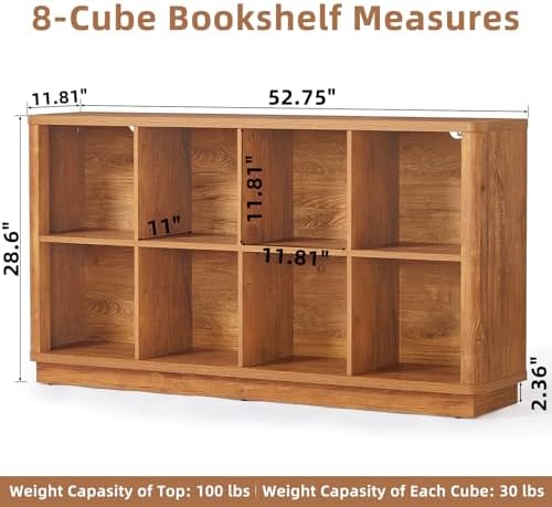 Joaxswe 8 Cube Storage Book Shelf, 52" Long Horizontal Bookshelf with Curved Edge, Floor Standing Wooden Cubby Bookcase with Base, Modern Low Console Book Case, TV Stand for Living Room, Brown