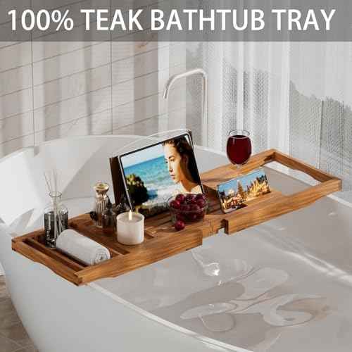 Teak Bathtub Tray Caddy, Expandable Wooden Bath Tray for Tub