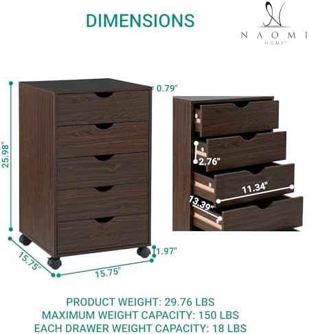 Naomi Home Taylor Storage Cabinet with 5 Drawers, Rolling Organizer Cabinet with Lockable Wheels, Handle-Free Design & Spacious Top Surface, Storage Unit for Home & Office - Espresso