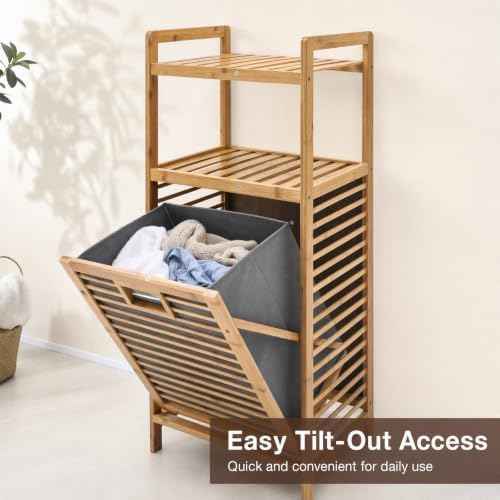 Tilt-Out Laundry Hamper Cabinet, Bamboo Laundry Basket Organizer with Removable Clothes Basket&2 Shelves, 3 Tier Pull Out Bathroom Storage Shelf Cabinet for Clothes