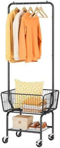 Tajsoon Rolling Laundry Cart with Hanging Rack & Laundry Basket, Black