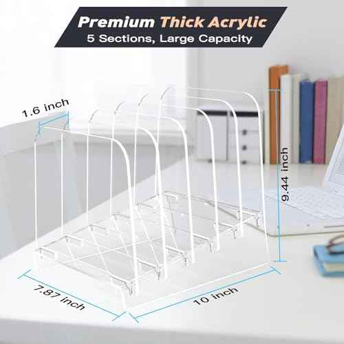 File Holder File Sorter, Vertical File Organizer for Desk, Desk Top File Folder Organizer Stand, Acrylic File Rack File Folder Holder, 5 Sections Clear File Stand for Office, School, Home