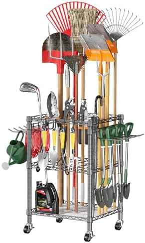 T1 Garden Tool Organizer（with Lockable Wheels） Heavy Duty Garage Tool Storage for Yard，Shed，Outdoor and Lawn，Freestanding Tool Organizers and Storage UP to 50 Tools，Grey with Anti-Tip Device