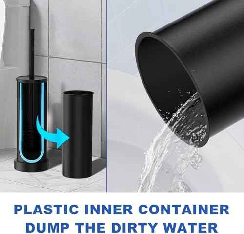 Black Toilet Brush and Holder Set, 304 Stainless Steel Heavy Duty Toilet Bowl Brush and Holder with Long Handle, Removable Inner Bowl and Splash Protection Modern Toilet Cleaner Brush for Bathroom