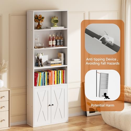 Vongrasig 6-Tier Open Bookcase and Bookshelf with Doors, Floor Standing Farmhouse Display Storage Shelves 71 Inch Wood Tall Bookcase for Home Office, Living Room, Bed Room, White